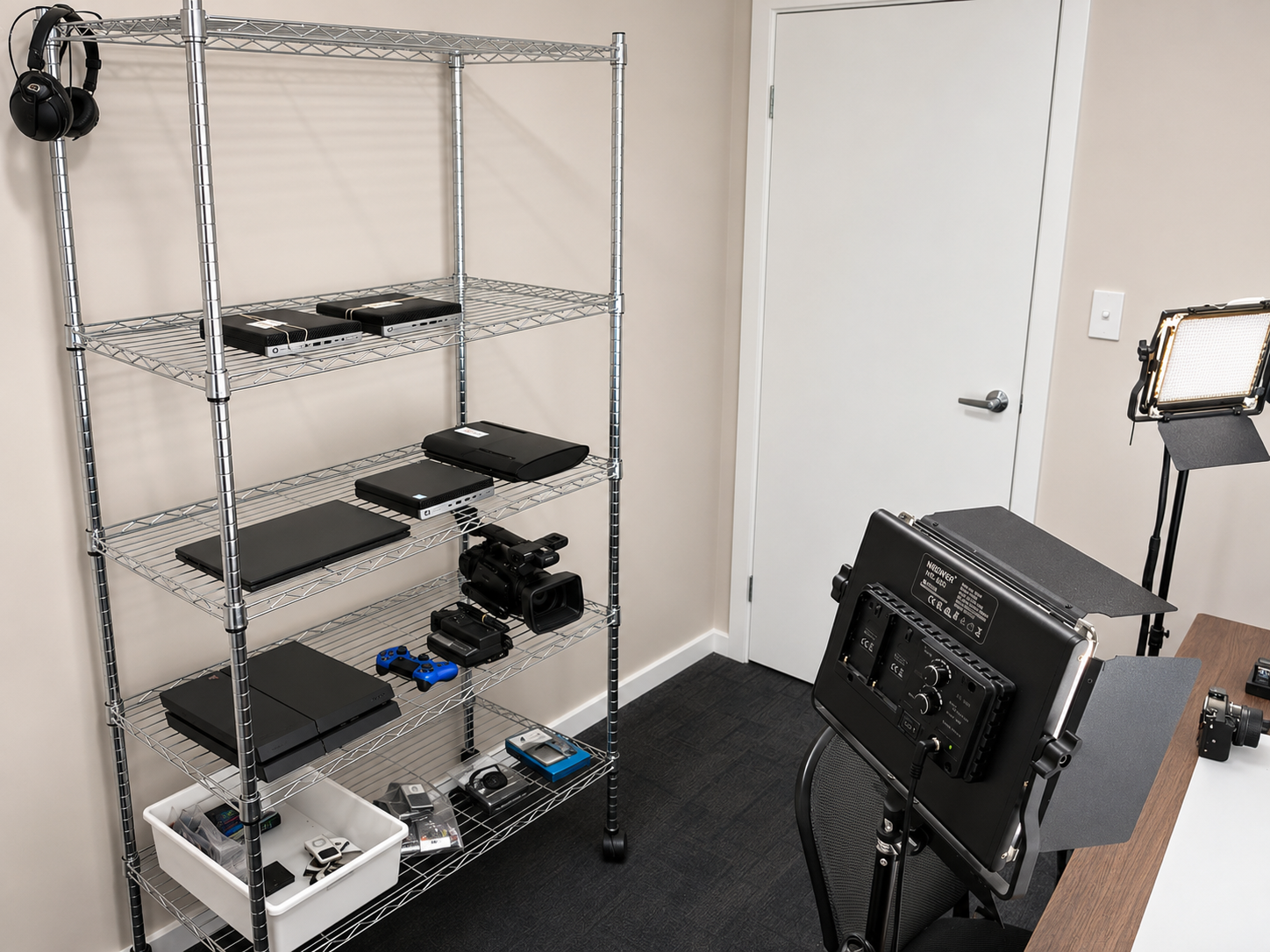 Electronics testing and product photography setup at The Recycle Project